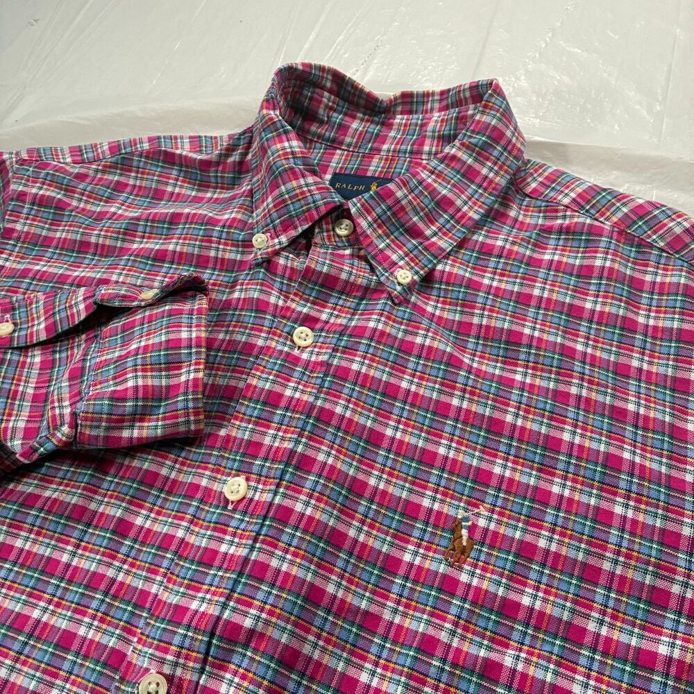 Polo Ralph Lauren Long Sleeve Button Up Pink Plaid Flesh Pony Large Preppy